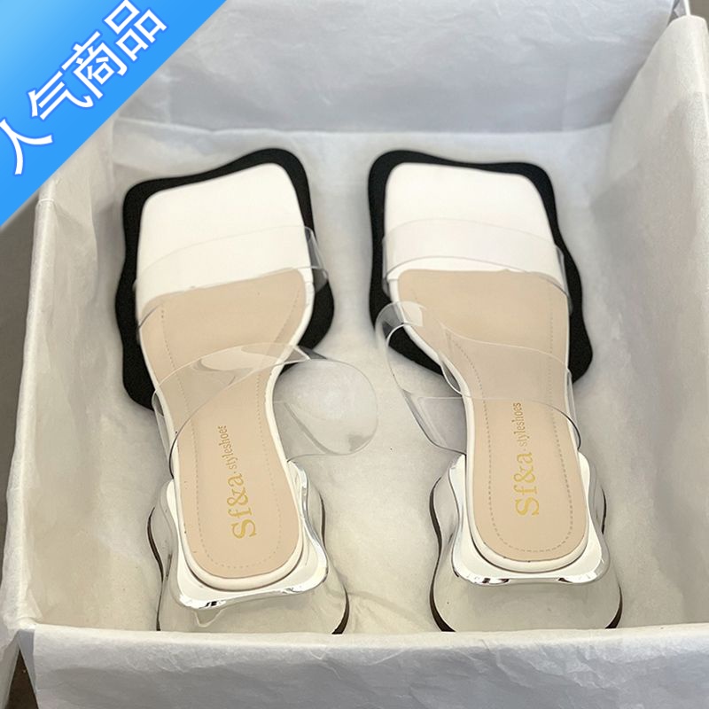 SUNTEK透明凉拖鞋女夏外穿2023年新款方头一字带水晶粗跟时尚中跟凉鞋拖高清大图