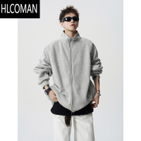 HLCOMAN美式灰色开衫卫衣男款冬季国潮刺绣加绒情侣外套复古休闲立领夹克
