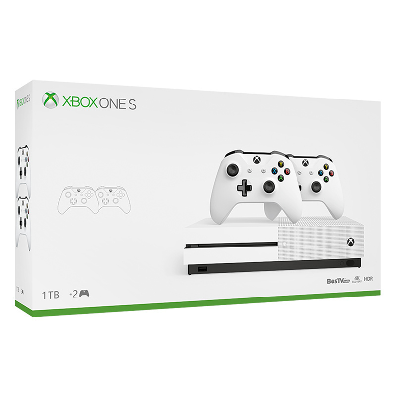 微软(Microsoft)Xbox One S 1TB 家庭娱乐双手柄套装 冰河白 4k超清 1TB存储