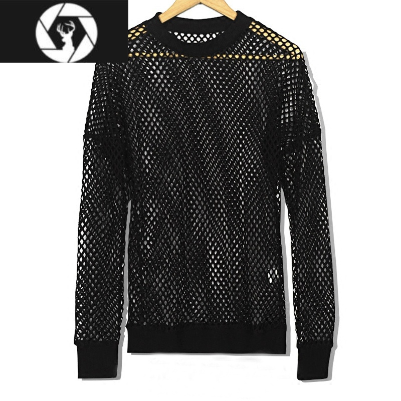 hongzun偶像练习生蔡徐坤同款衣服长袖个性男女罩衫镂空透视渔网t恤