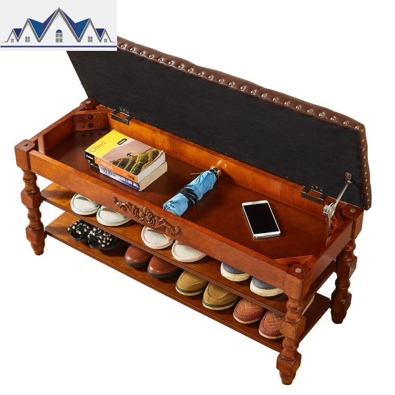 美式口换鞋凳 实木花鞋架试鞋柜 家用穿鞋凳多功能沙发储物凳 三维工匠收纳凳图片