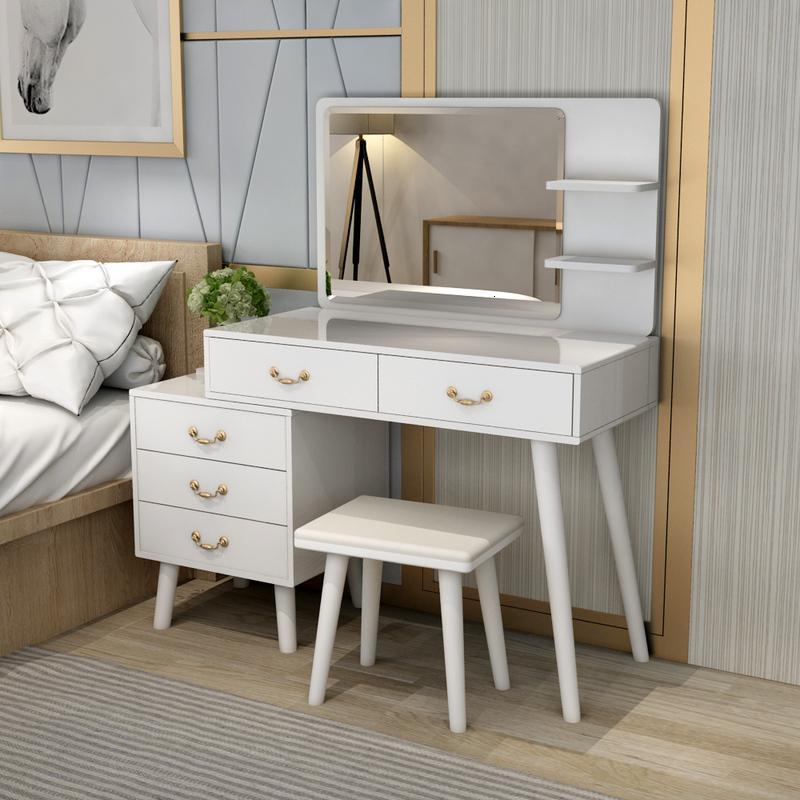 梳妆台卧室简约现代小户型书桌一体组装化妆桌实木色桌子带镜子zc定制