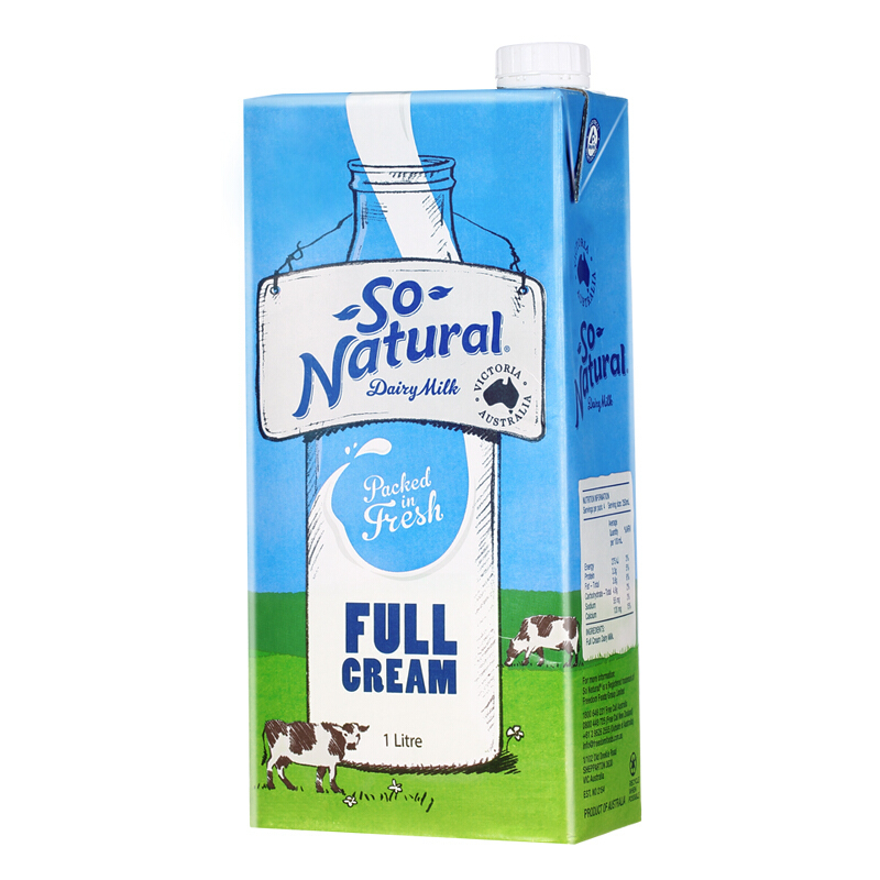 澳大利亚 原装进口牛奶 澳伯顿 So Natural 全脂纯牛奶 1L*12/箱装