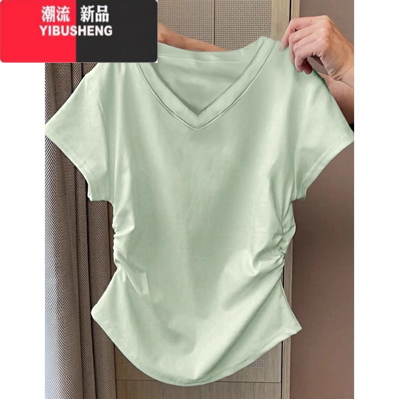 YIBUSHENG奶黄色多巴胺短袖女紧身t恤短款新款修身甜辣半袖黄色上衣 薄荷绿v领带抽褶 L