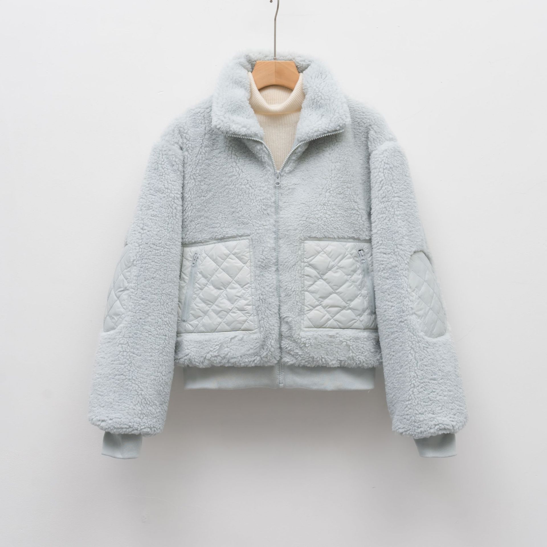 90绒秋冬新款简约保暖翻领鸭绒休闲立领短款女款外套_672 浅蓝色 L