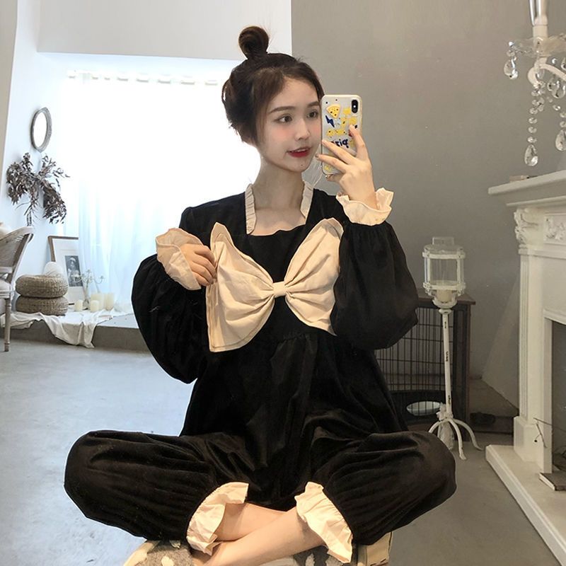 睡衣女装秋冬2020新款宫廷公主风蝴蝶结宽松可外穿家居服 两件套