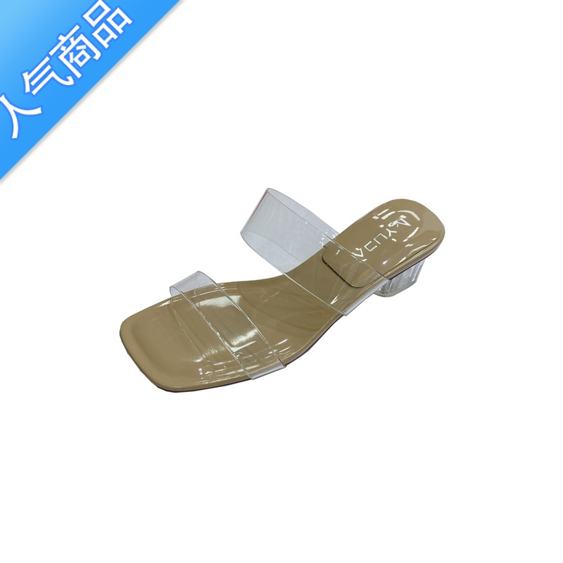 SUNTEK2023夏仙女风拖鞋透明一字带水晶跟粗跟高跟凉鞋女外穿