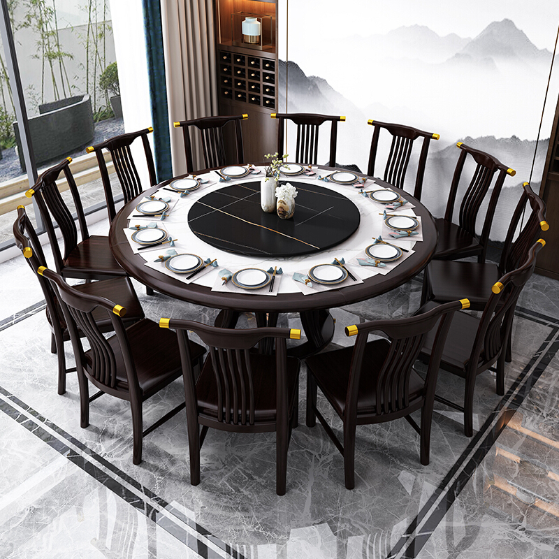 兰秀家居 新中式实木圆桌餐桌椅组合岩板现代简约大理石圆形餐厅桌子