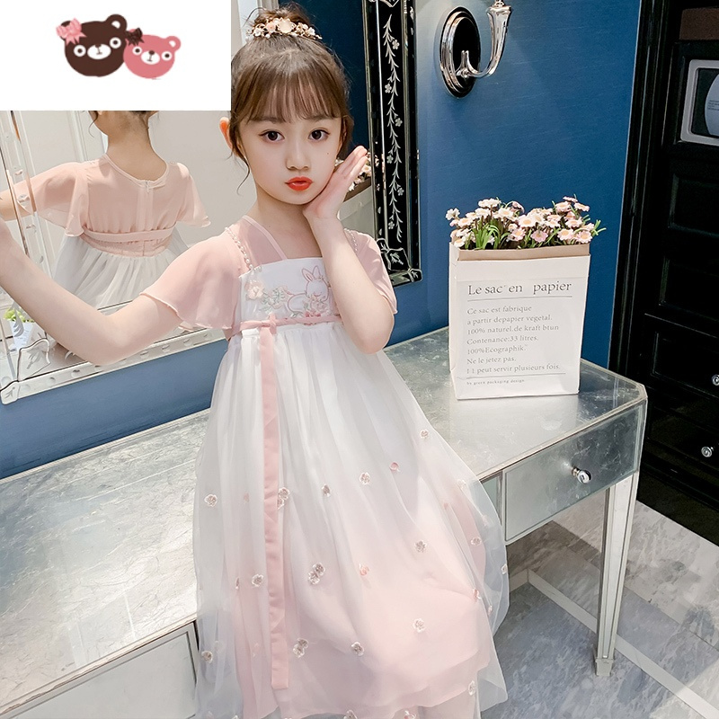 绿彩虹光汉服女童夏季2022新款儿童古装超仙小女孩连衣裙唐装夏装中国风潮裙子