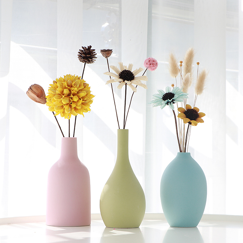 北欧风小花瓶摆件干花装饰品客厅插花餐桌电视柜创意陶瓷家居摆设 三维工匠 B+C+D含花