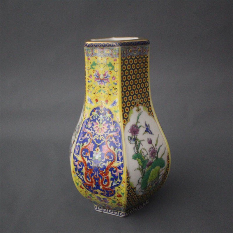 美帮汇景德镇仿古陶瓷雍正珐琅彩六方花鸟福筒花瓶家居装饰展柜摆件收藏高清大图