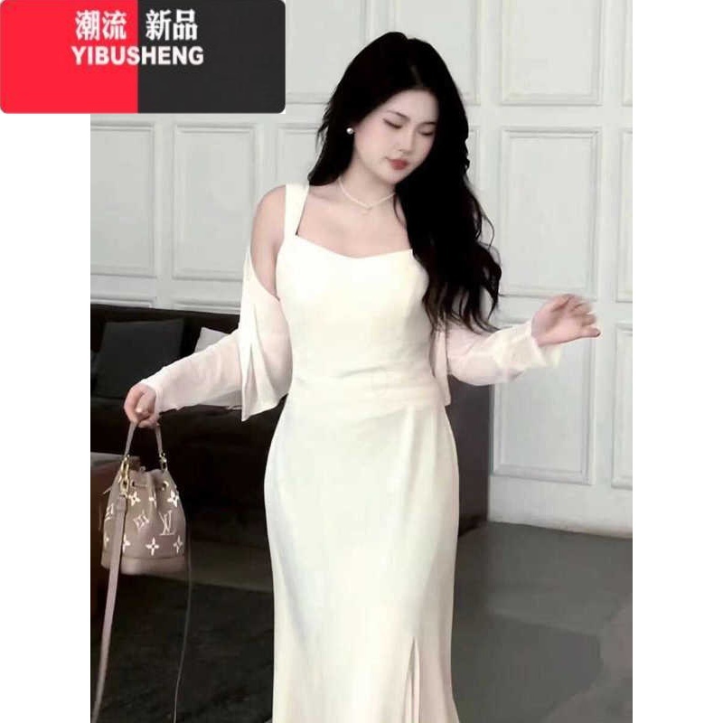 YIBUSHENG大码女装季气质收腰遮肉显瘦方领连衣裙法式小黑吊带裙防晒开衫高清大图