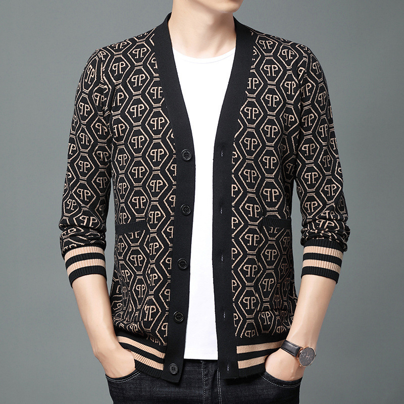 秋季男士毛衣外套潮流时尚商务休闲外穿线衣图案披肩长袖开衫男装