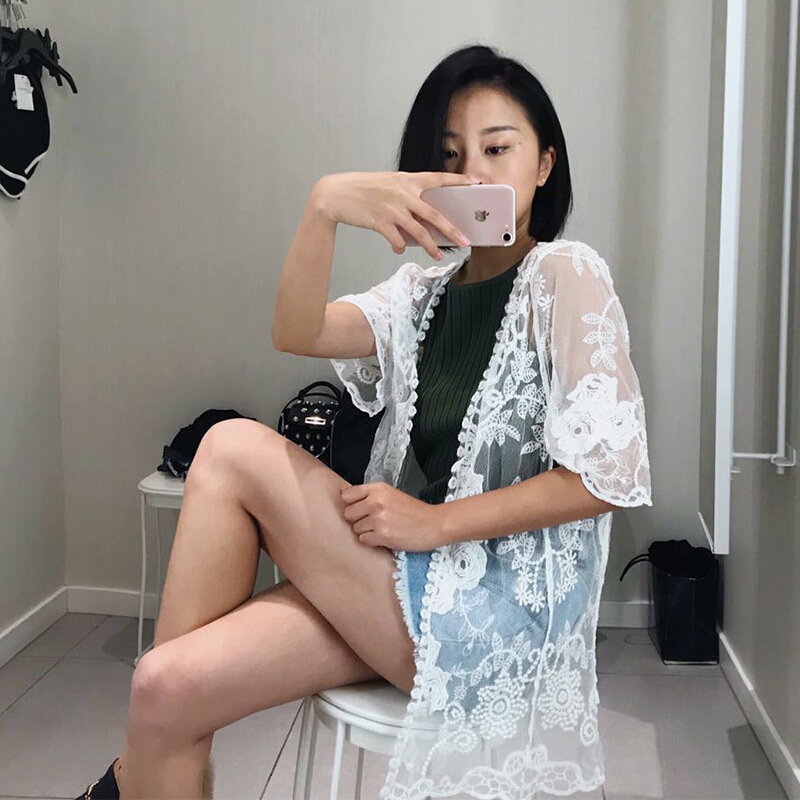 韩版三亚蕾丝衬衫海边度开衫外纱晒衣沙滩中长款披肩均