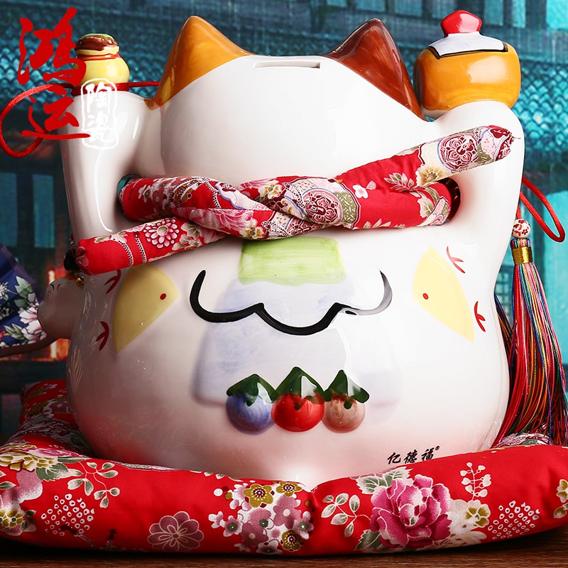 日本正版猫摆件14寸特大号储气罐存钱罐陶瓷店铺开业创意礼品 三维工匠 14寸财源滚滚豪华版猫高清大图