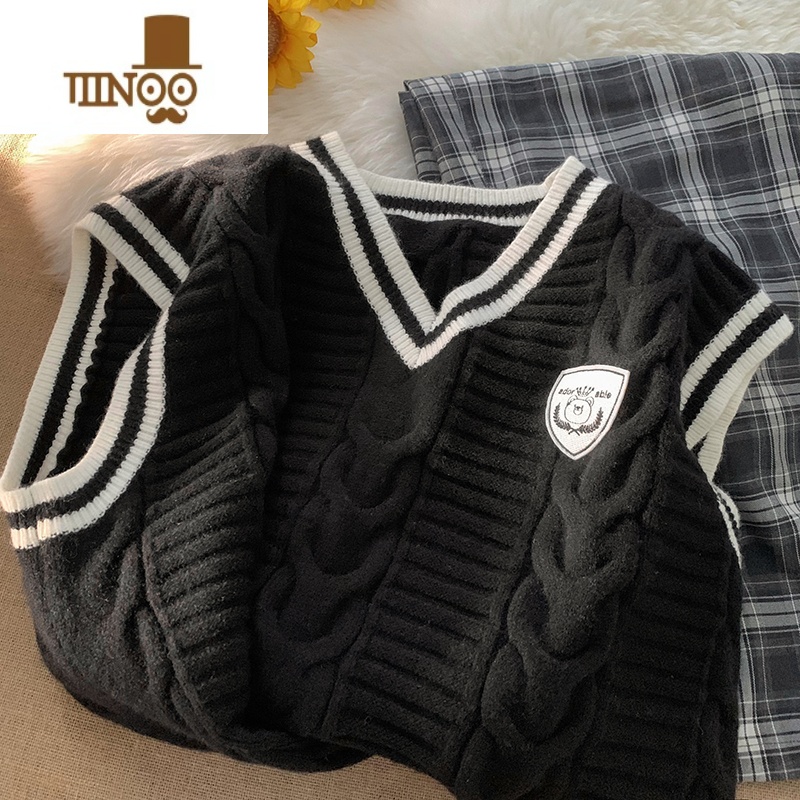 YANXU加肥大码日系学院风针织马甲男款300斤宽松叠穿无袖情侣毛衣上衣高清大图