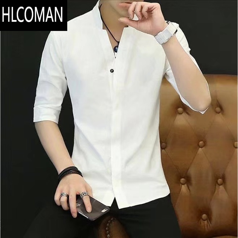 HLCOMAN中国风t恤男白色男士短袖棉麻衣服夏季中袖亚麻衬衫套装帅气一套