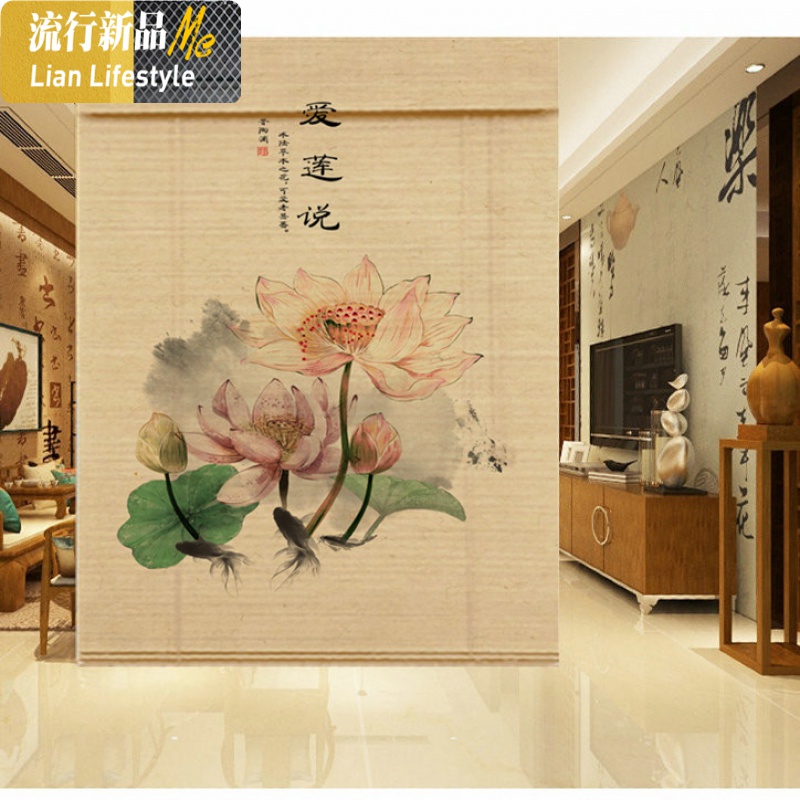 荷花九鱼花鸟竹帘窗帘卷帘子装饰隔断背景墙 三维工匠高清大图