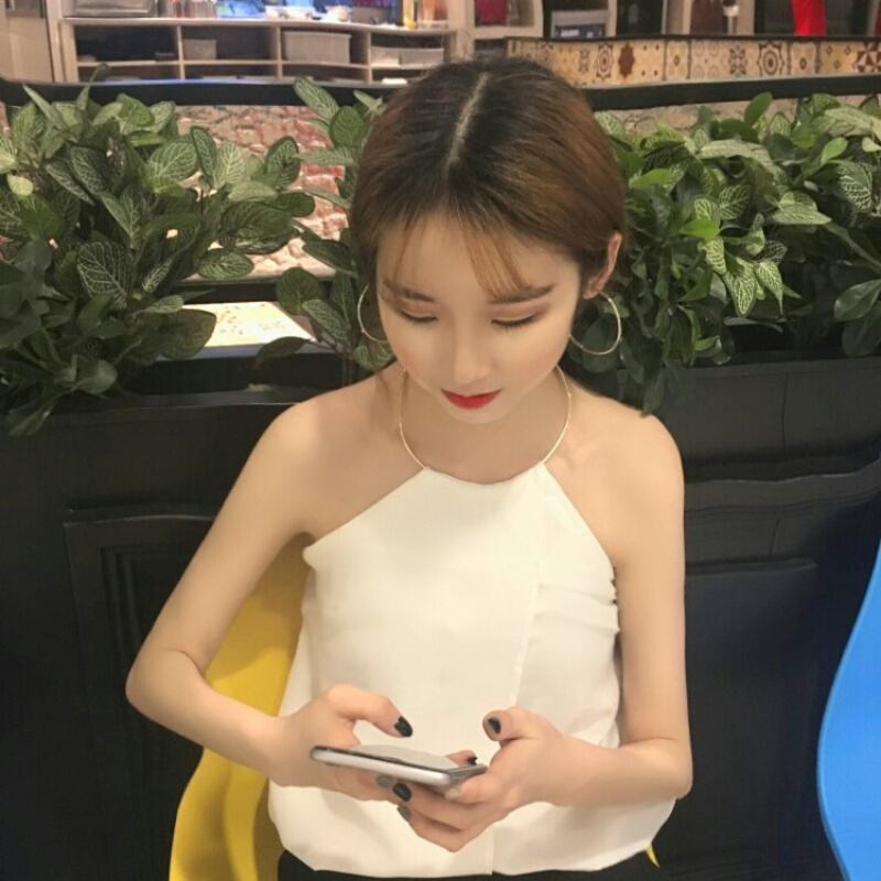 夏秋宽松打底小衫女圆环挂脖削肩带外穿chic露背百搭雪纺背心白色均码