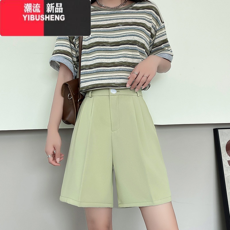YIBUSHENG卡其色西装短裤女季薄款高腰显瘦宽松直筒休闲中裤阔腿五分裤子高清大图