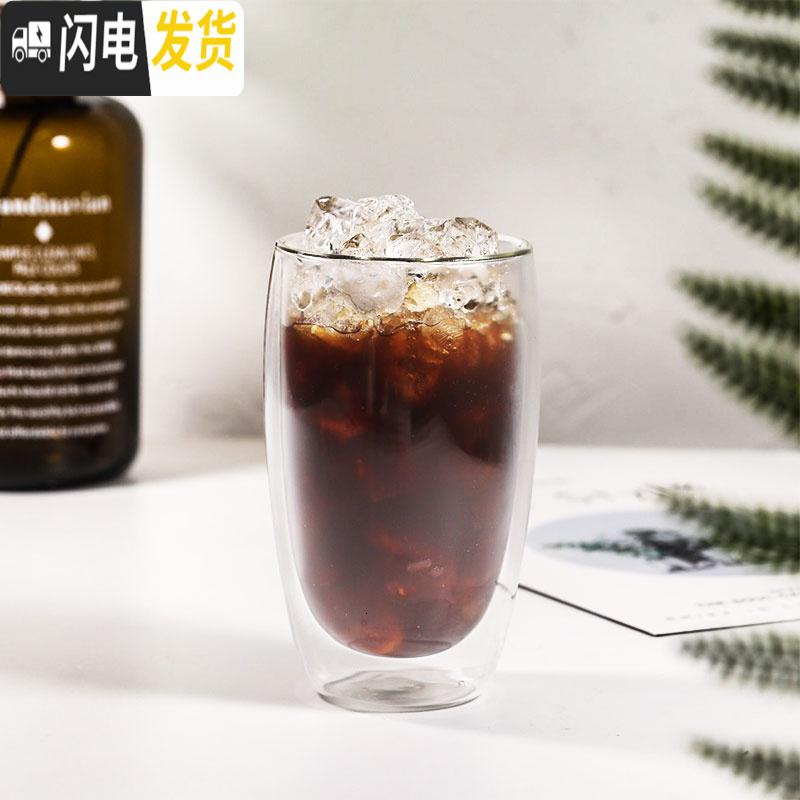 三维工匠简约双层隔热透明玻璃杯耐冷热咖啡杯创意圆形水杯果汁杯子冷饮杯 350咖啡器具高清大图