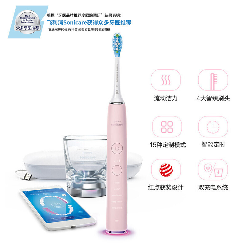 飞利浦(Philips)电动牙刷 钻石亮白智能型牙刷HX9924/22冰晶粉 成人充电式声波震动式31000转/分钟