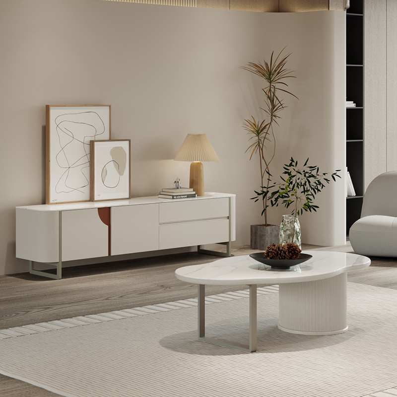 掌上明珠家居现代轻奢云朵造型可移动岩板茶几电视柜奶油色烤漆lt272