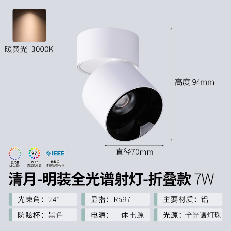 雷士照明明装折叠射灯 【可调角度】7瓦暖黄光丨全光谱RA97丨防眩黑杯