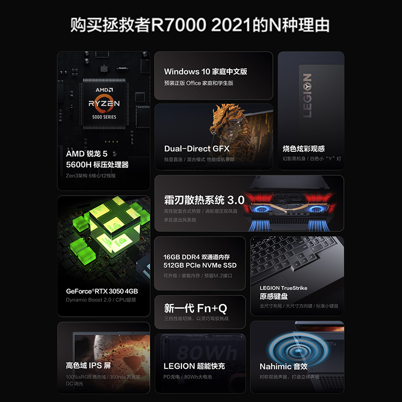 联想(Lenovo)拯救者R7000 2021 15.6英寸游戏笔记本电脑(新锐龙 6核 R5-5600H 16G 512G RTX3050 100%sRGB)幻影黑