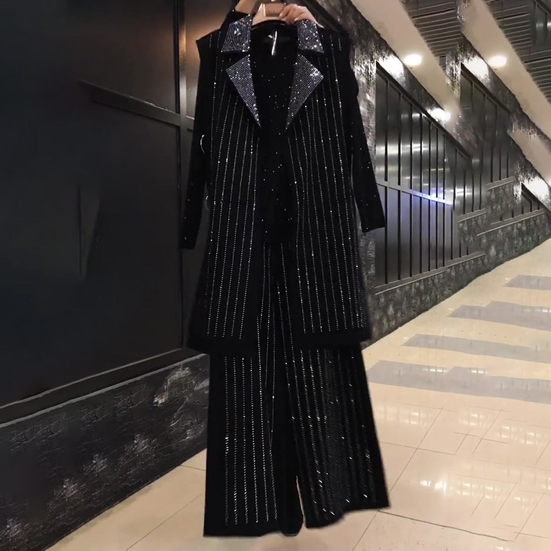 艳如飞大码女装秋季新款中长款遮肚马甲阔腿裤套装胖妹妹重工亮钻三件套休闲裤