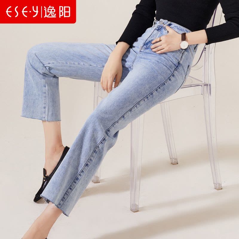 逸阳2020春新款牛仔直筒裤女毛边裤脚时尚侧边条宽松显瘦九分裤子图片