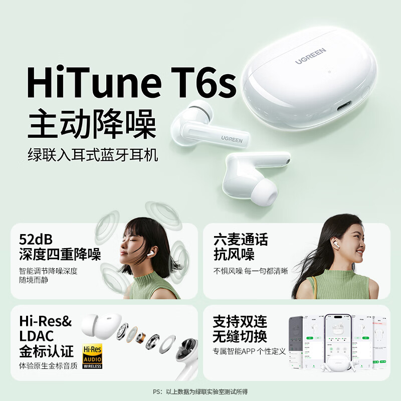 绿联HiTune T6s杆式主动降噪真无线5.4蓝牙耳机入耳式 钛原色 WS205/55454 (货期3-6天)高清大图