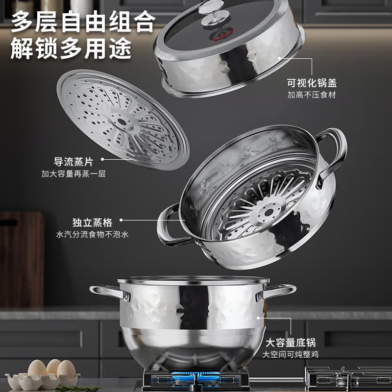 迈卡罗 不锈钢汤蒸锅28cm/三层 家用大容量不锈钢多功能蒸锅三层蒸煮两用家用燃气电磁炉通用 MC-Z3020高清大图