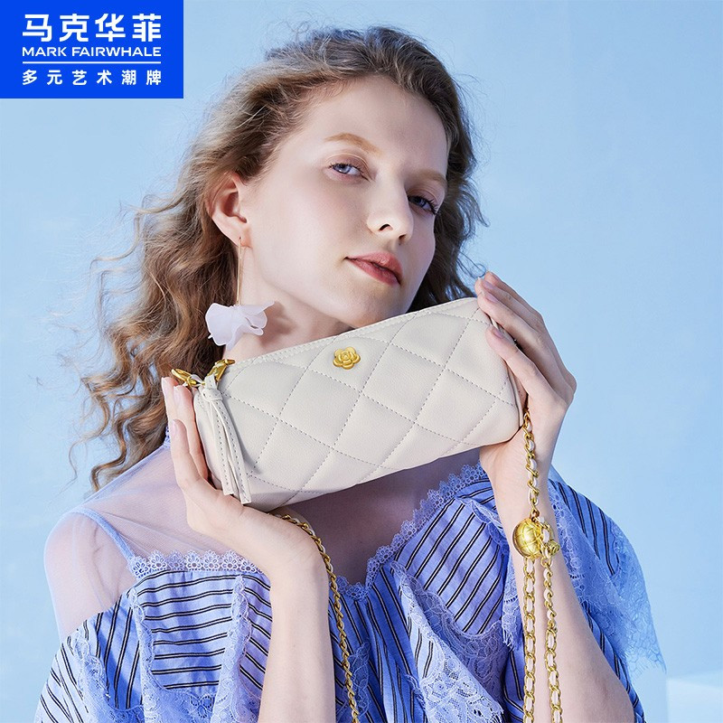 马克华菲牛皮包包女包时尚菱格单肩斜挎包新潮百搭圆筒小金球链条包