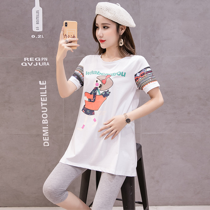 迪鲁奥(DILUAO)孕妇装 2021春夏新款纯棉休闲孕妇套装印花T恤七分托腹裤两件套时尚外出孕妇大码套装