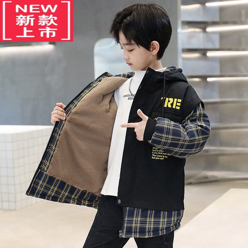 可莉允男童棉服冬季加绒保暖外套新品儿童冬装中长款帅气加厚派克服棉衣图片