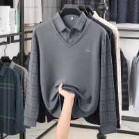 爸爸装春秋款长袖T恤中老年男士休闲套头打底衫秋季假两件polo衫 L 灰色