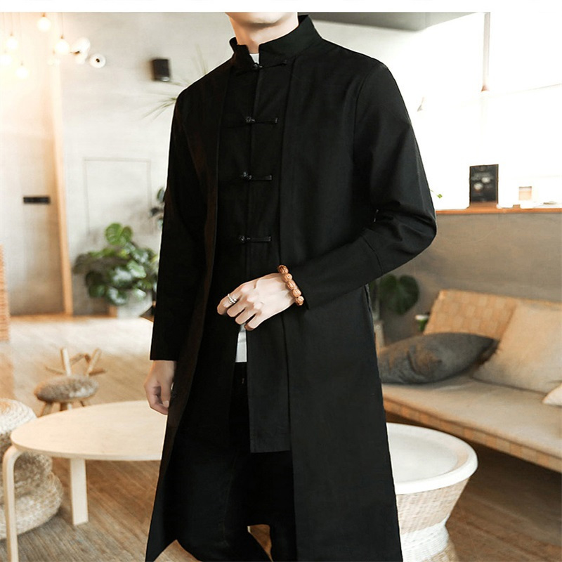 pearldiary中国风男装中长款风衣男士青年休闲亚麻唐装外套古风棉麻