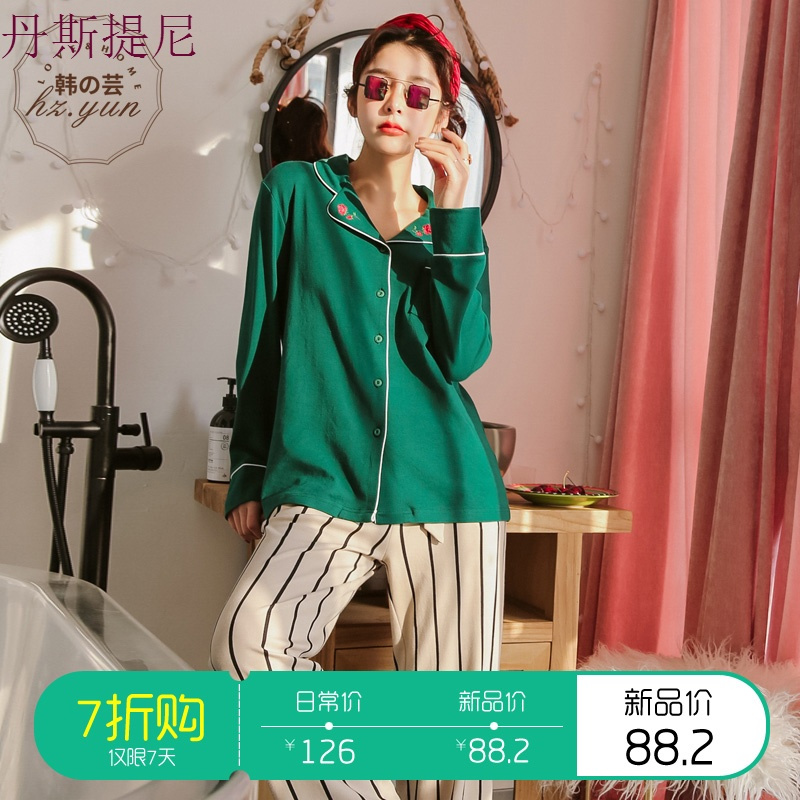 睡衣女春秋韩版长袖宽松大码甜美可爱学生红色纯棉家居服春款套装