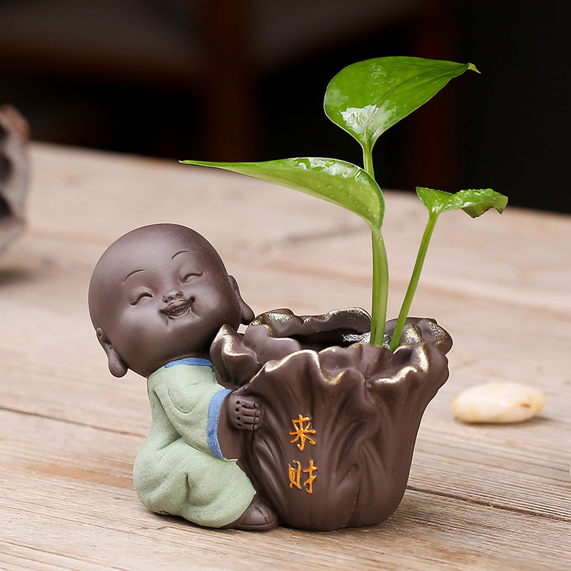 小和尚花器-八方来财 创意水培可爱紫砂小和尚茶宠摆件插花水养桌面茶