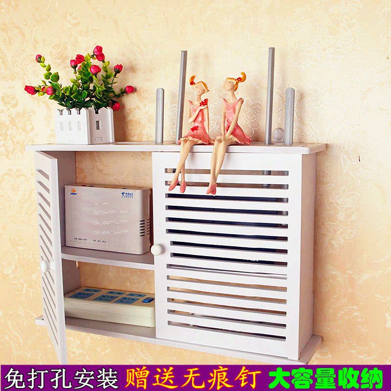 路由器收纳盒无线wifi多媒体集线盒猫插板电线插排机顶盒置物架子 501小号双开门百叶+无痕钉图片