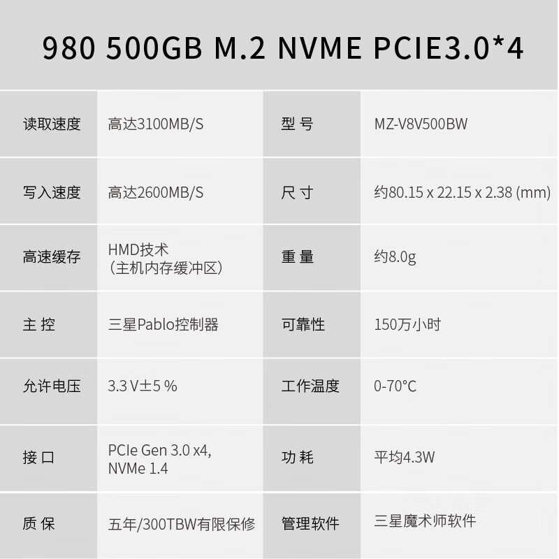 三星(SAMSUNG) 980(MZ-V8V500BW) 500GB 块 固态硬盘高清大图