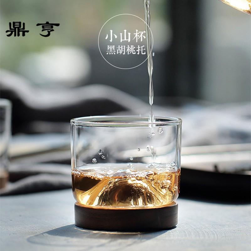 鼎亨日式玻璃品茗杯主人杯单杯个人功夫小茶杯木底小山个性小口杯
