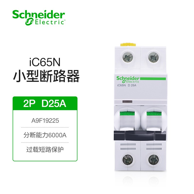 施耐德电气 断路器A9系列iC65N微型空气开关D型2P 双进双出 25A 双极空开断路器总闸A9F19225