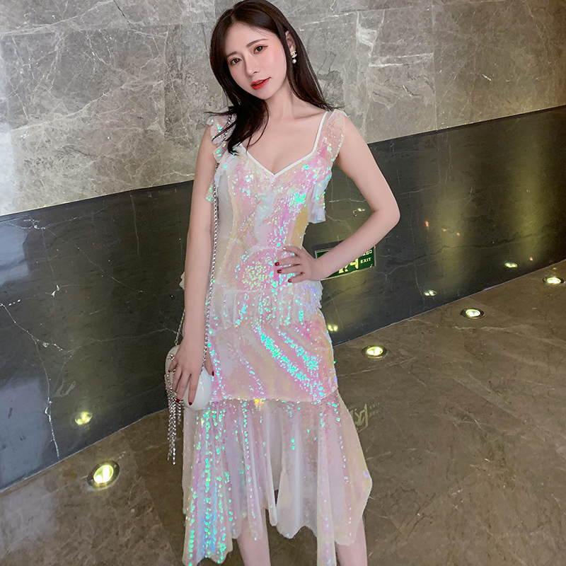 裙子女2019新款人鱼姬亮片V领高腰荷叶边鱼尾吊带连衣裙