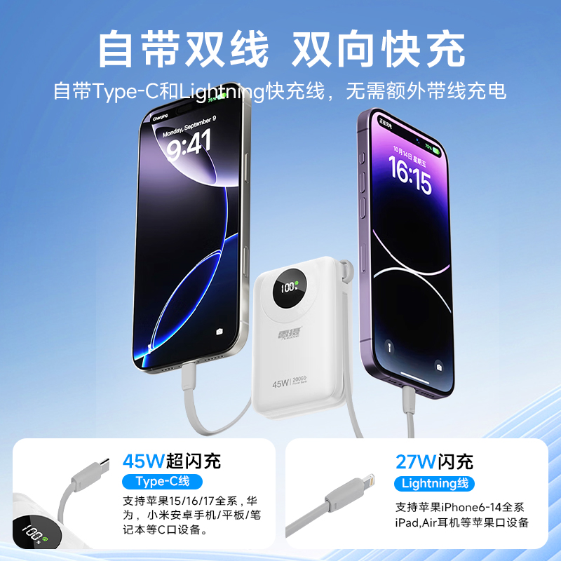 雷摄(LEISE) MH803 45W快充充电宝2万毫安大容量自带线可上飞机 粉色高清大图