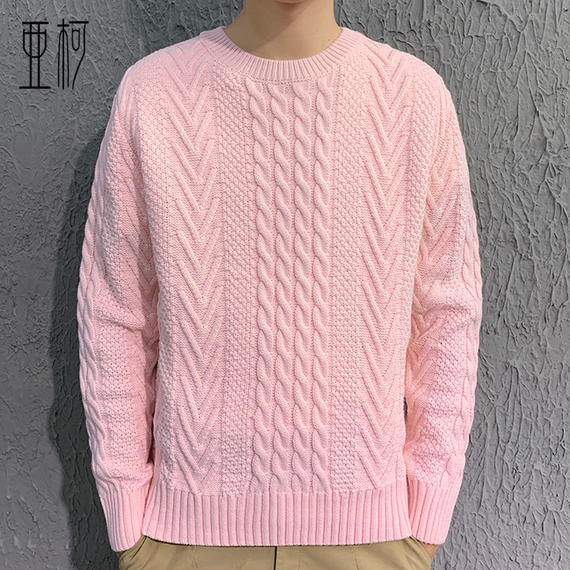 冬季粗线手工编织麻花粗针圆领毛衣男加厚宽松保暖针织衫潮流上衣毛衣