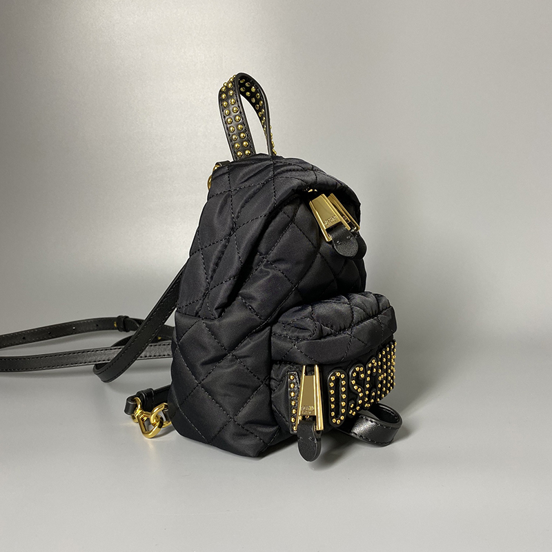 香港直邮moschino莫斯奇诺黑色菱形格字母铆钉尼龙迷你双肩背包女士