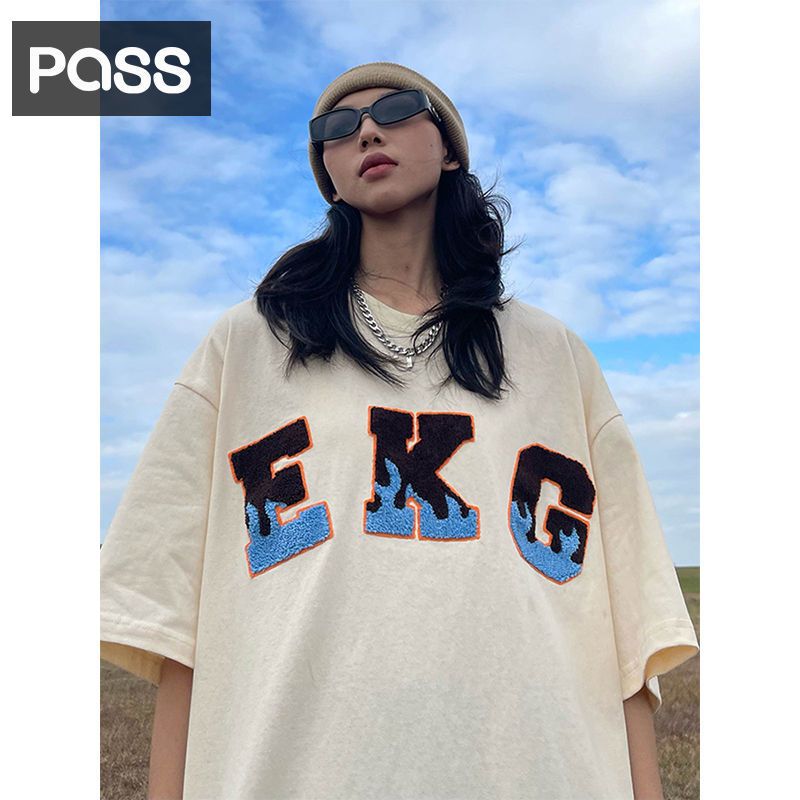 pass夏季潮牌hiphop欧美嘻哈街头大码刺绣字母圆领宽松短袖t恤女视频