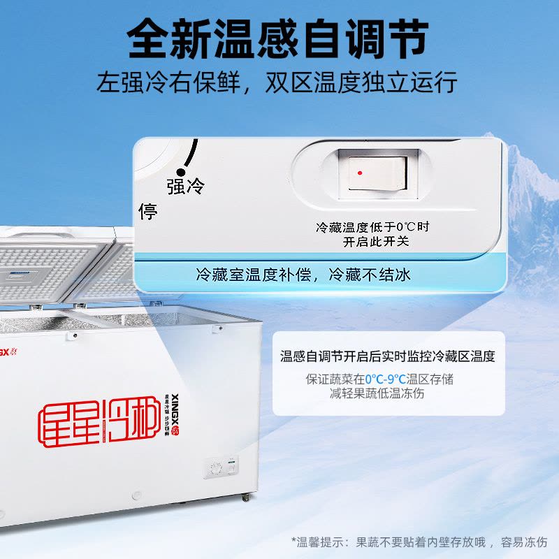 星星(XINGX) 505升 微霜商用卧式冰柜 左冷冻右冷藏卧式冰箱 顶开门双温双箱减霜80%冷柜BCD-505G-E图片